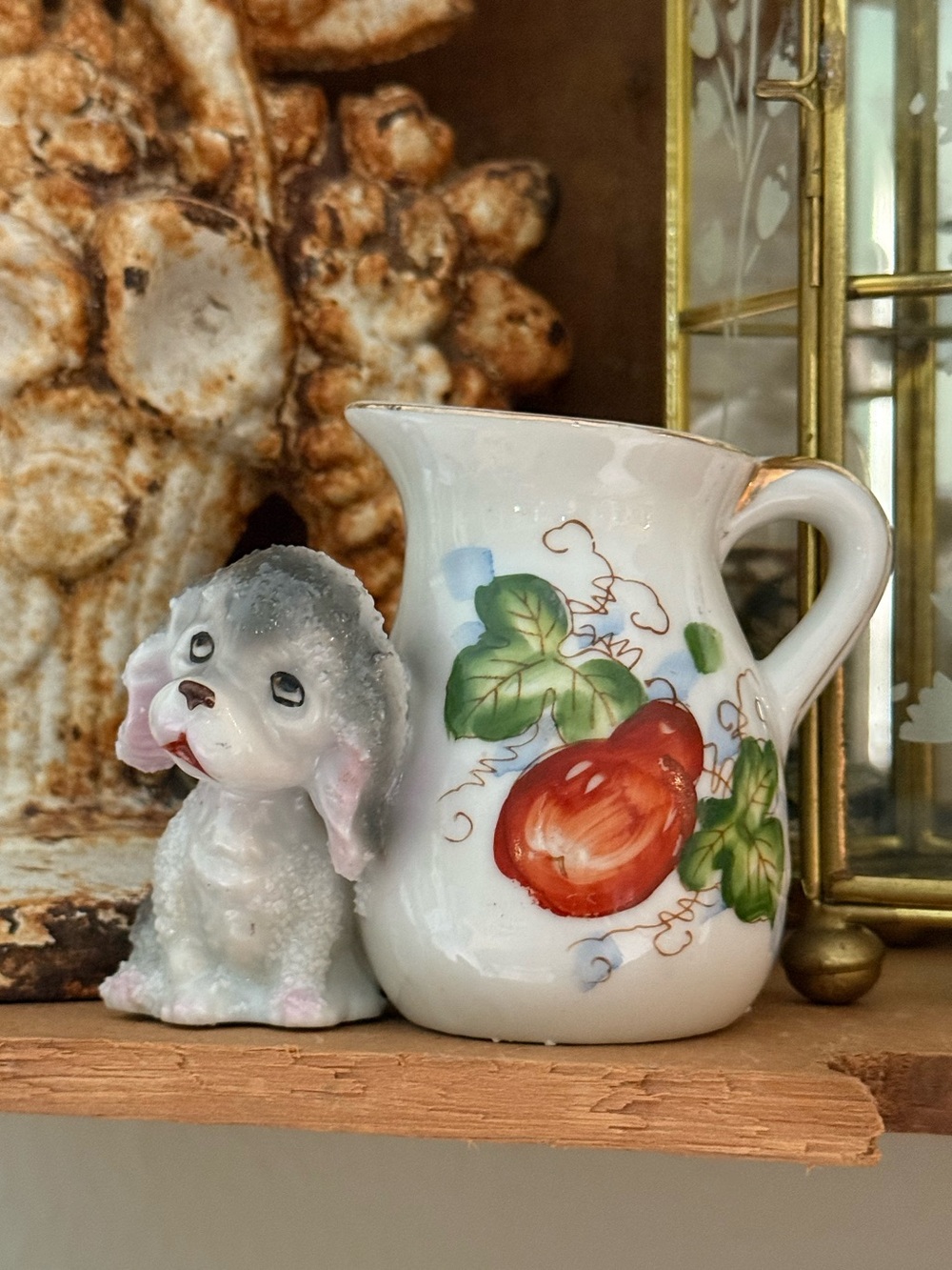 Vintage Japan Hand-Painted Porcelain Creamer with Fruit Motif and Dog Figurine